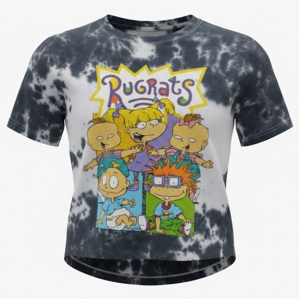Nickelodeon Rugrats T-Shirt Womens Large Black White Tie Dye Cropped Graphic Tee